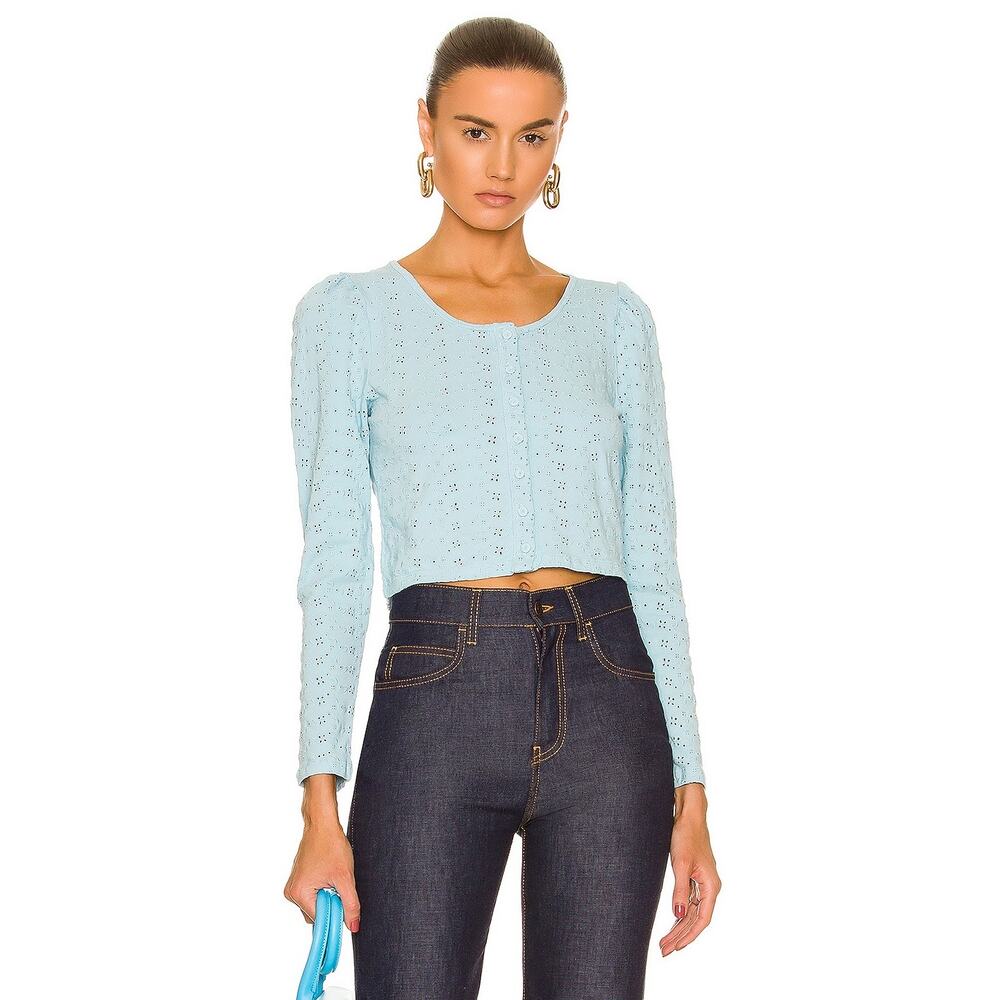 LoveShackFancy Jonah Crop Cardigan XS‎ Powder Blue Eyelet Button Front